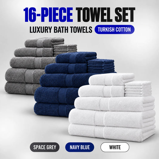 16 Piece Luxury Towel Set - 100% Turkish Cotton, Quick Dry